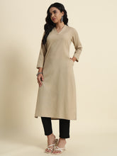 Thread Plus Cotton Flax Straight Kurti In Beige Color For Women